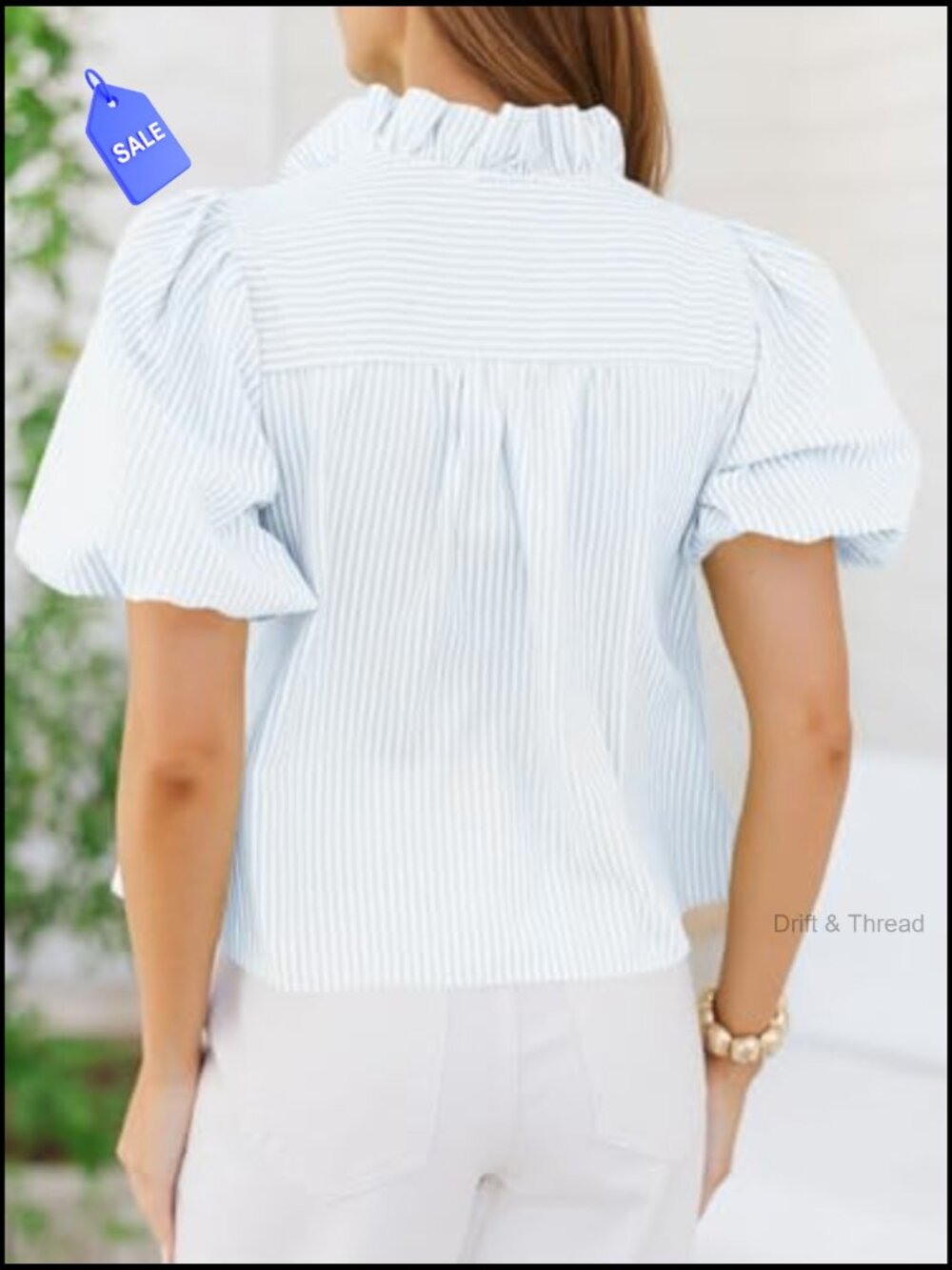 Short Puff Sleeve Button Down Shirt Ruffle Stand Collar Striped Blouse Work Top - Picture 5 of 7